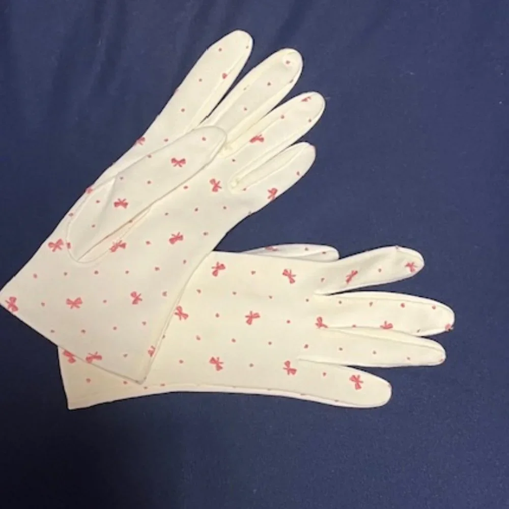 VTG Dressy White w/Pink Embroidered Ribbons Wristlet Gloves Petite Size 6